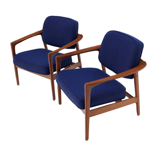 EstablishedLines Pair of New Blue Upholstery Teak Danish Mid-Century Modern Arm Lounge Chairs