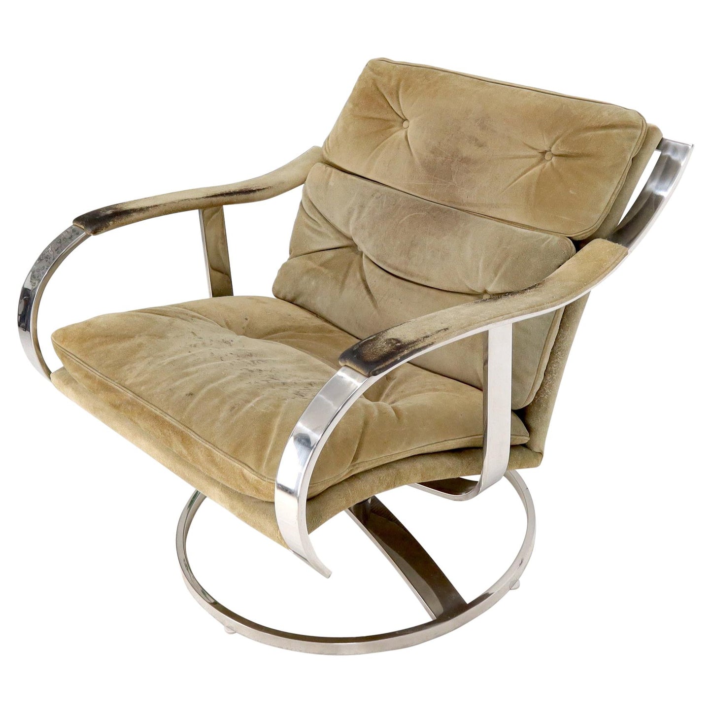 EstablishedLines Heavy Gage Polished Stainless Steel Swivel Base Suede Upholstery Lounge Chair
