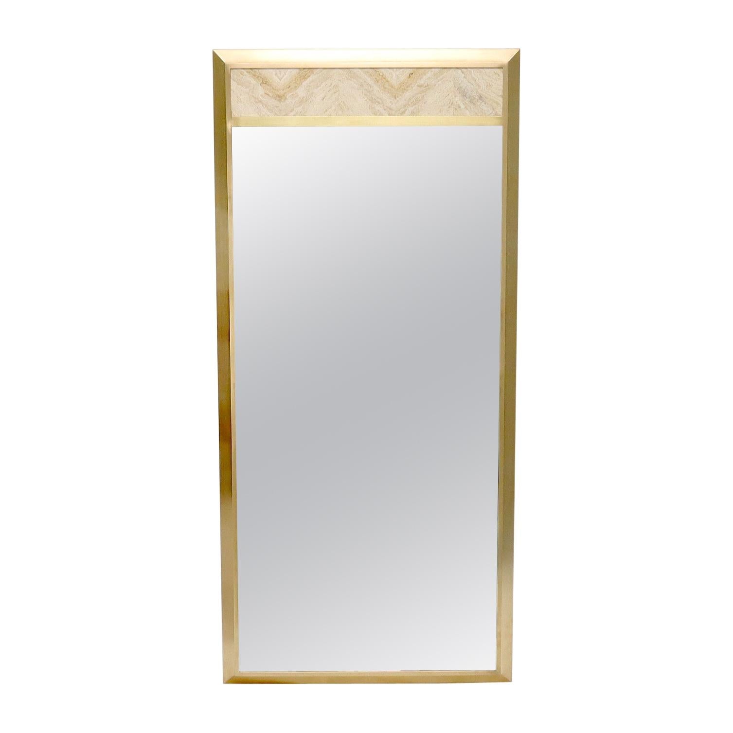 EstablishedLines Beveled Solid Brass Travertine Insert Frame Mid-Century Modern Wall Mirror