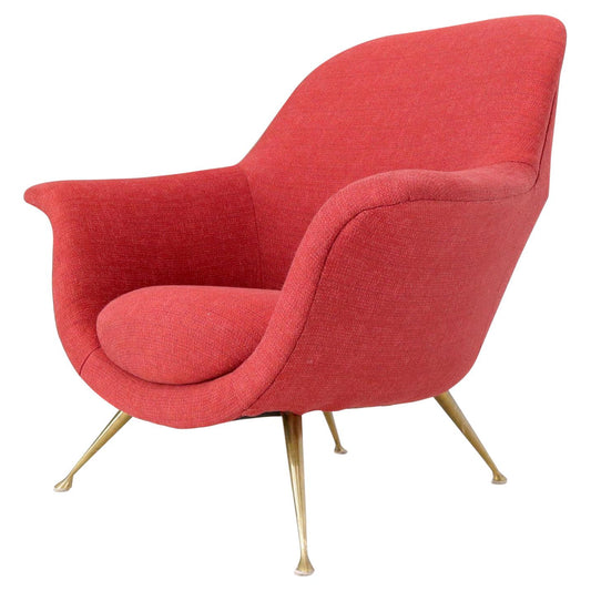 EstablishedLines Italian Mid-Century Modern New Red Upholstery Lounge Chair on Solid Brass Legs