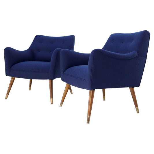 EstablishedLines Pair of Navy Blue Mid-Century Modern Lounge Arm Chairs on Tapered Dowel Legs