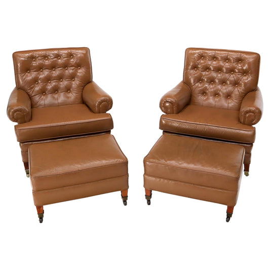 EstablishedLines Pair of Chesterfield Style Leather Chairs W/ Ottomans Brown to Tan