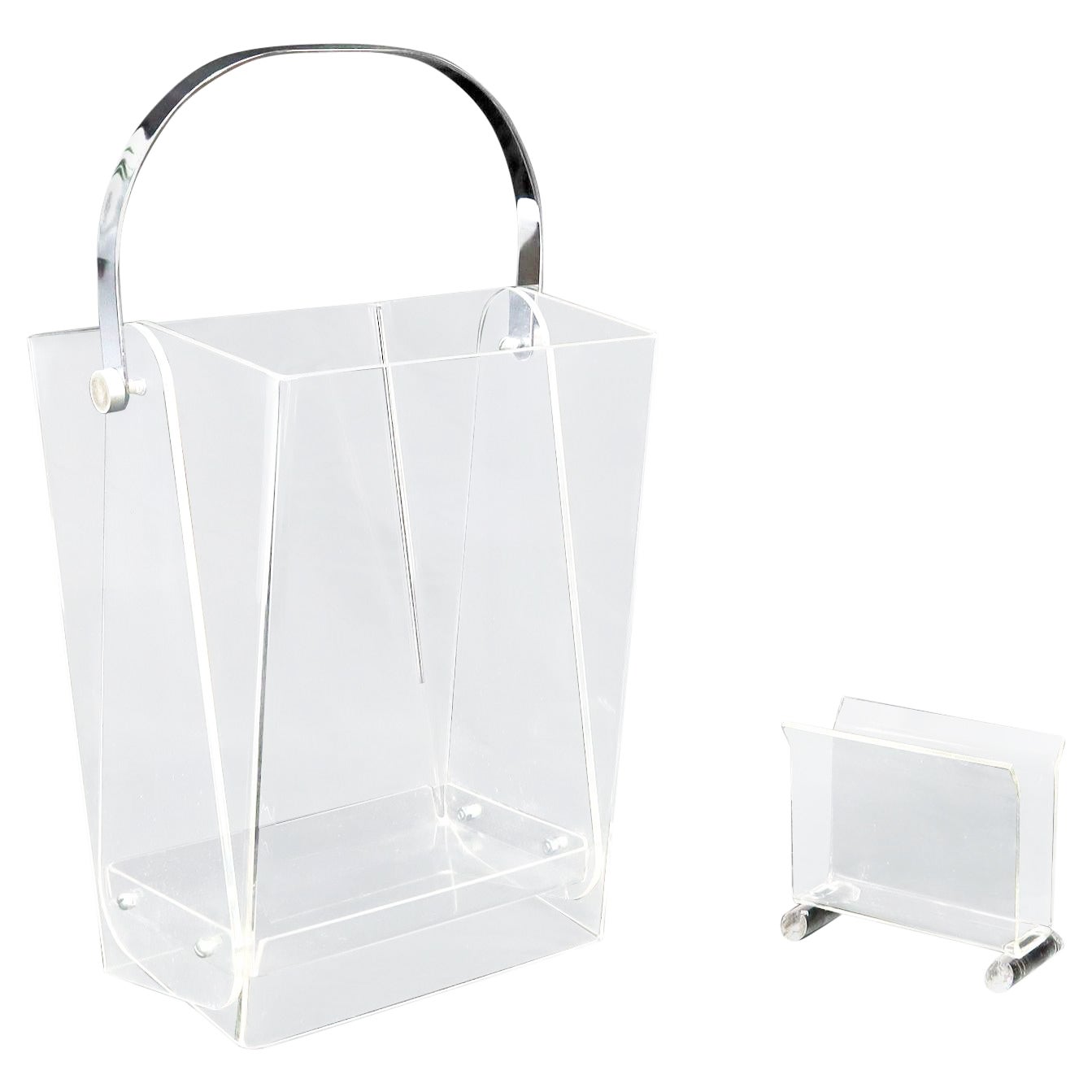 EstablishedLines Mid-Century Modern Bent Lucite & Chrome Paper Basket & Letter Holder