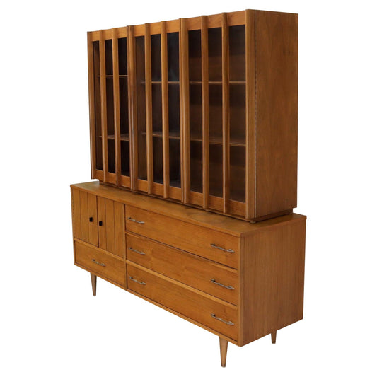 EstablishedLines Walnut mid century modern two-part hutch credenza display cabinet glass doors