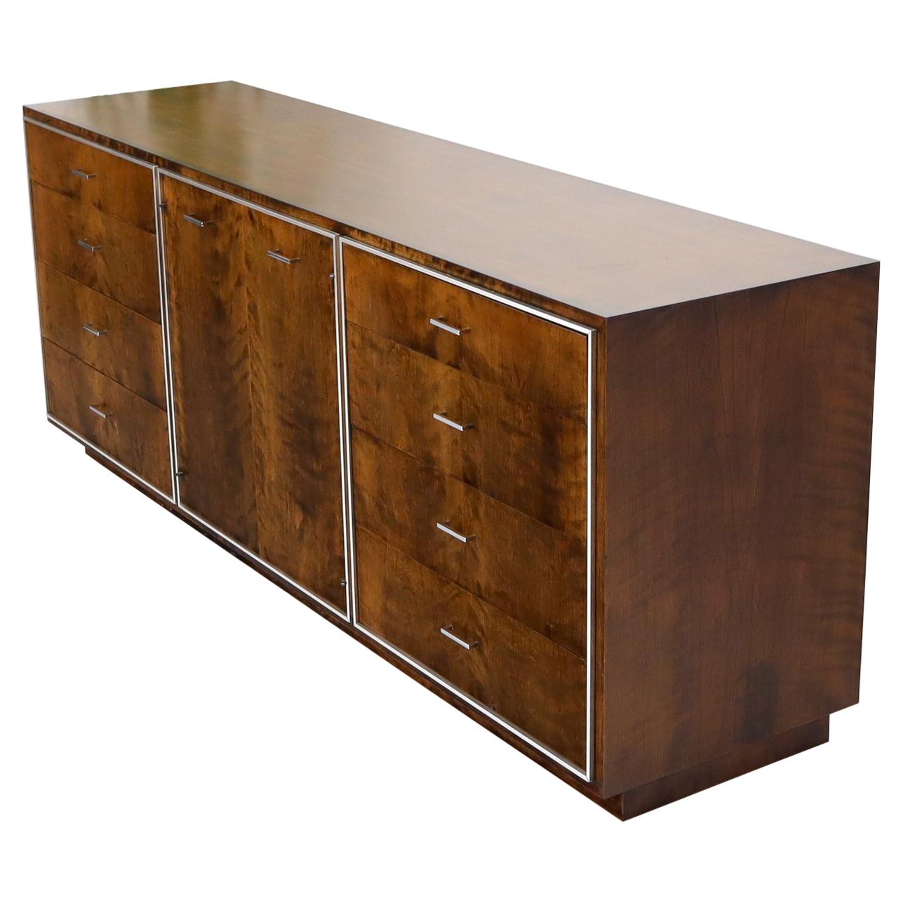 EstablishedLines John Stuart mid-century modern long burl walnut dresser credenza w/ Chrome bezel