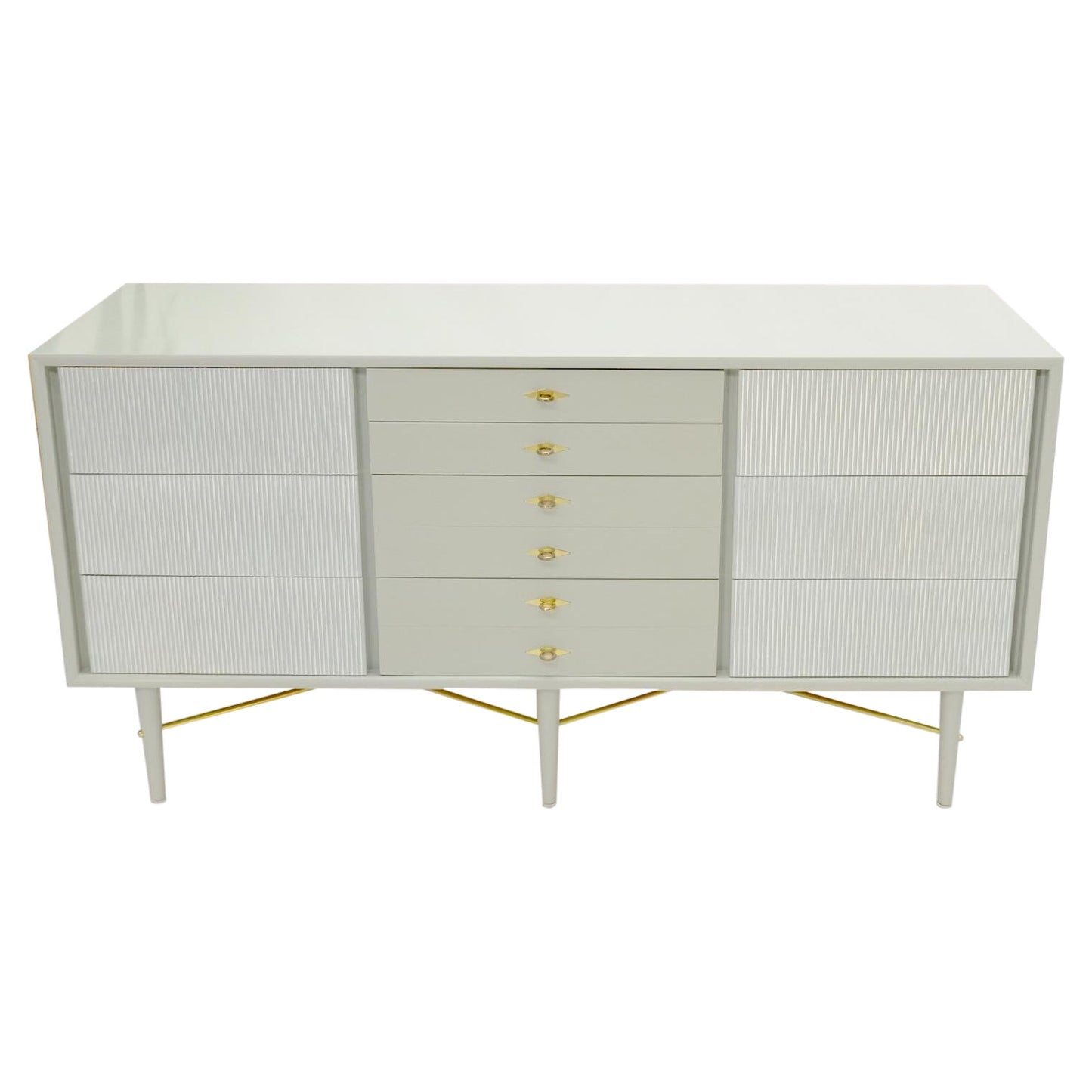 EstablishedLines Two Tone Light Grey & White Fluted Drawer Fronts Brass Stretchers Long Dresser