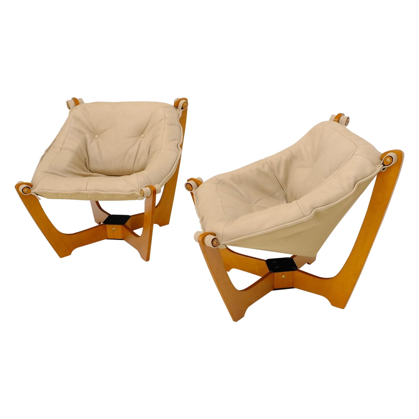 EstablishedLines Pair of Mid Century Danish Modern Teak Frames Leather Sling Seat Lounge Chairs