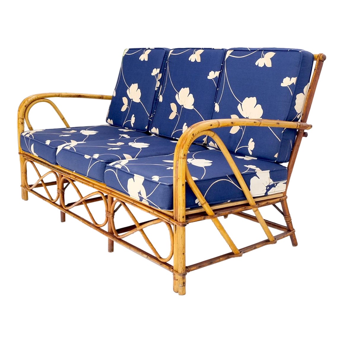 EstablishedLines Split Reed Wicker Rattan Bamboo 3 Seater Sofa Blue & White Cushions