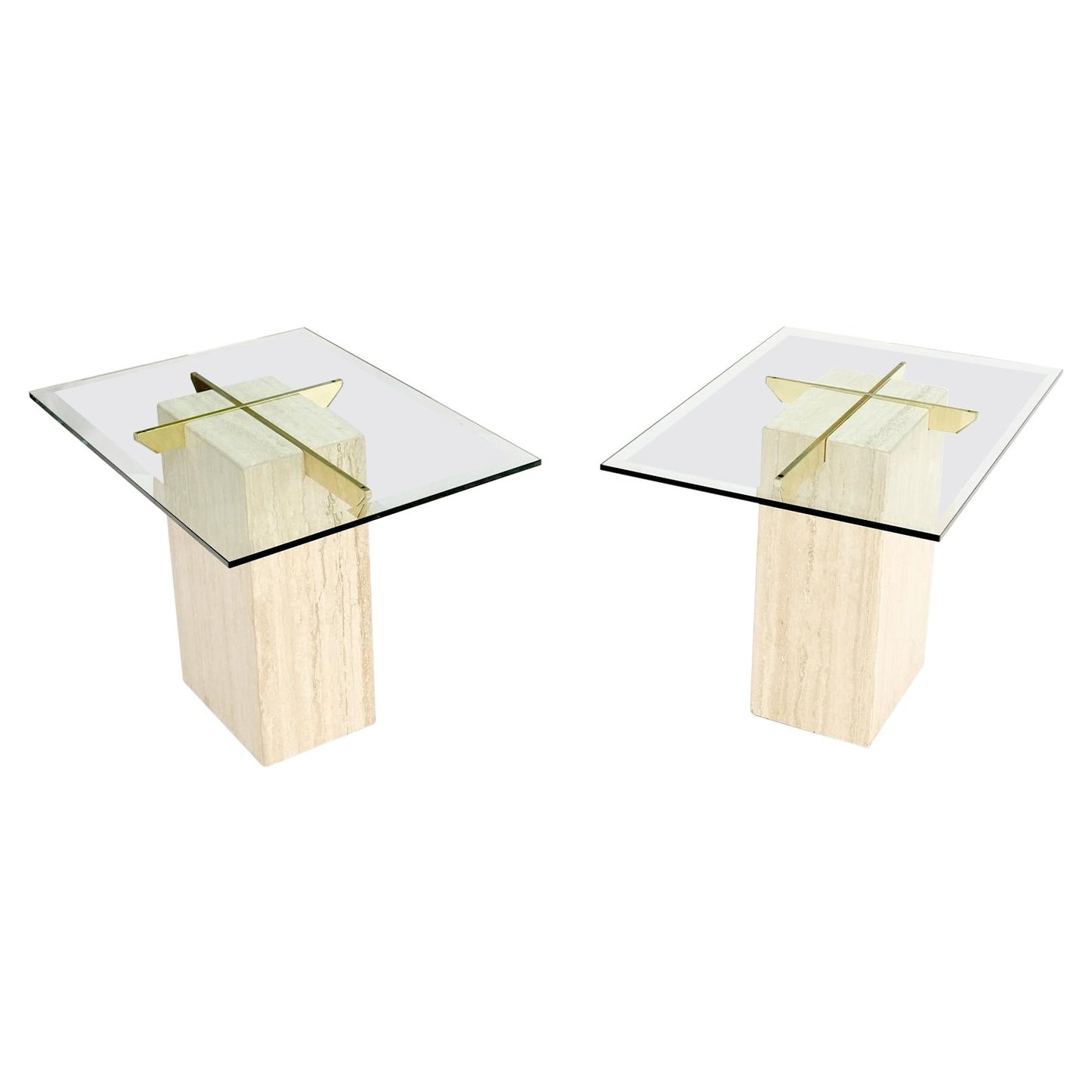 EstablishedLines Pair of Travertine Pedestal Bases Brass Frames Glass Tops End Side Tables Stands
