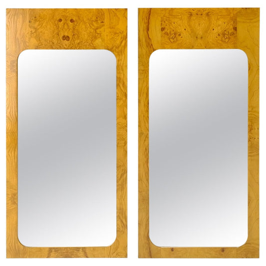 EstablishedLines Style of Milo Baughman Burl Wood Bookmatched Mid-Century Modern Wall Mirror Pair