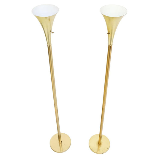 EstablishedLines Pair of Mid Century Modern Brass Trumpet Shape Floor Lamps Torcheres