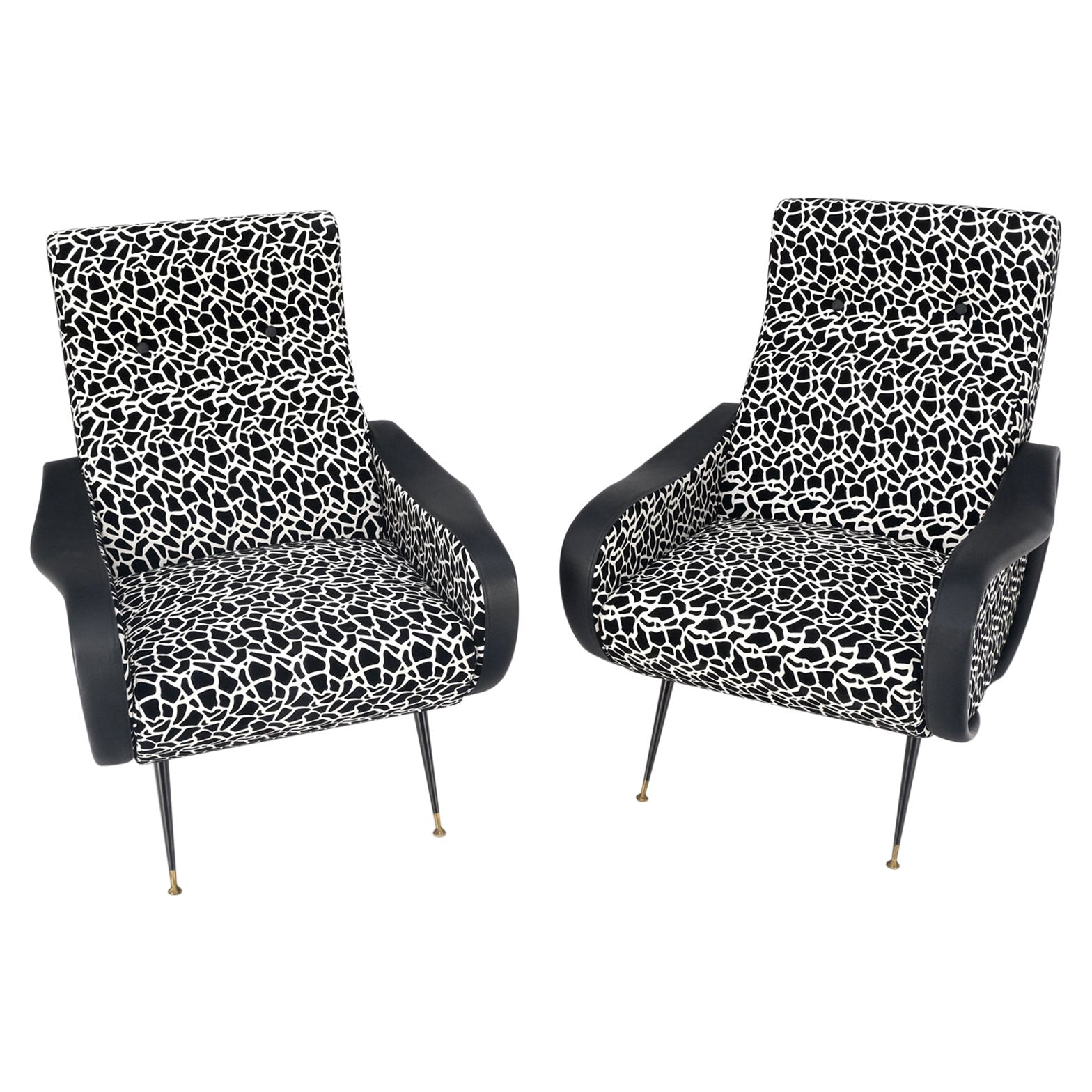 EstablishedLines Pair Black & White Pattern Fabric Italian Mid Century Modern Lounge Chairs Mint