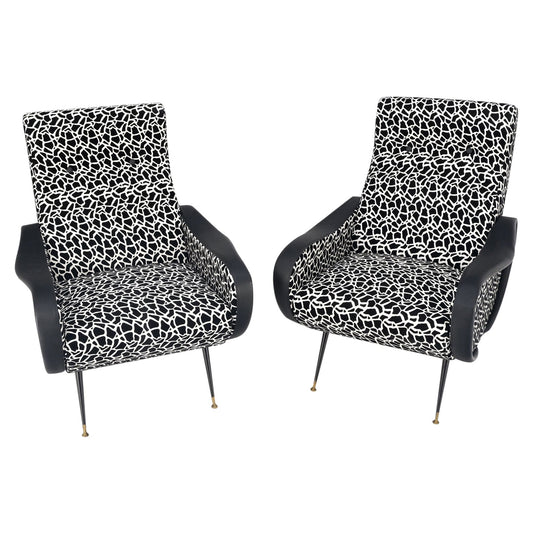 EstablishedLines Pair Black & White Pattern Fabric Italian Mid Century Modern Lounge Chairs Mint