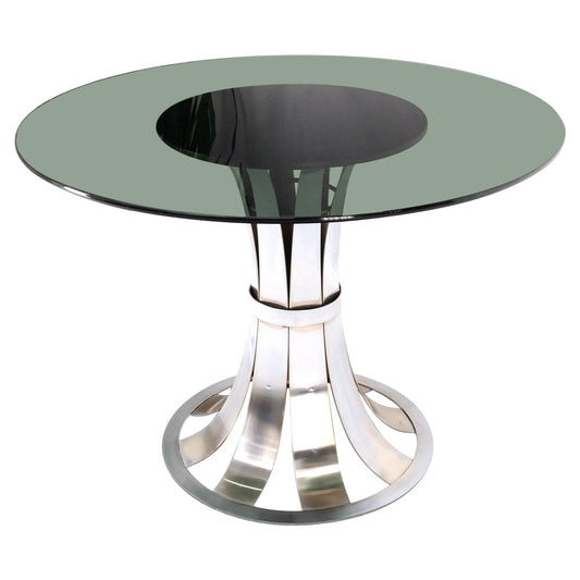 EstablishedLines Russel Woodard Polished Aluminum Base Round Smoked Glass Top Dining Cafe Table