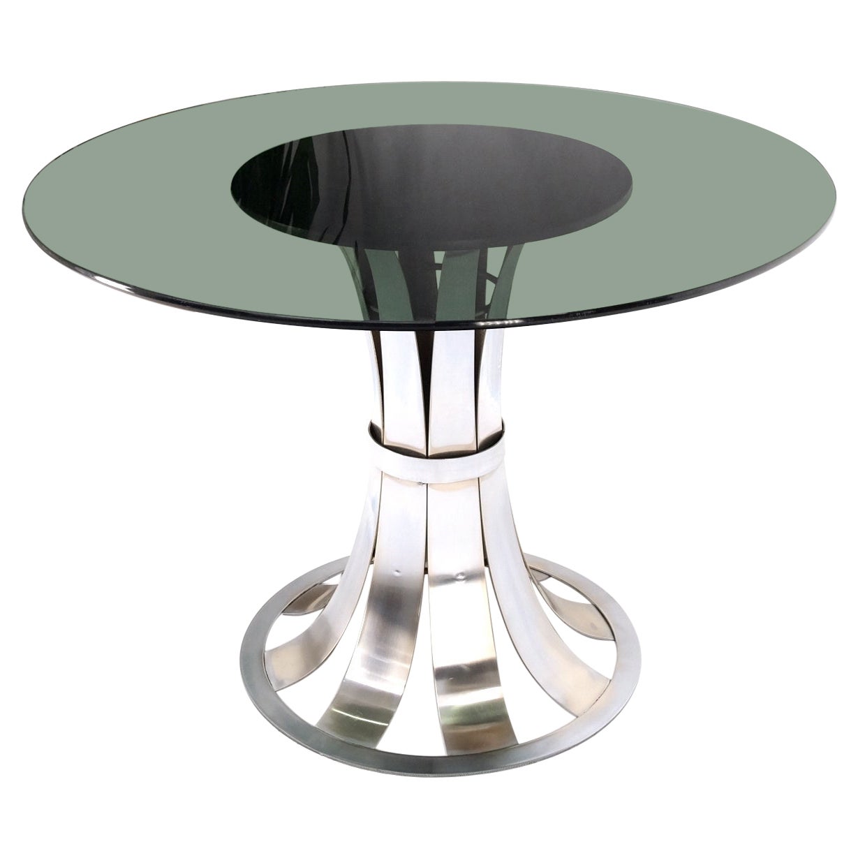 EstablishedLines Russel Woodard Polished Aluminum Base Round Smoked Glass Top Dining Cafe Table