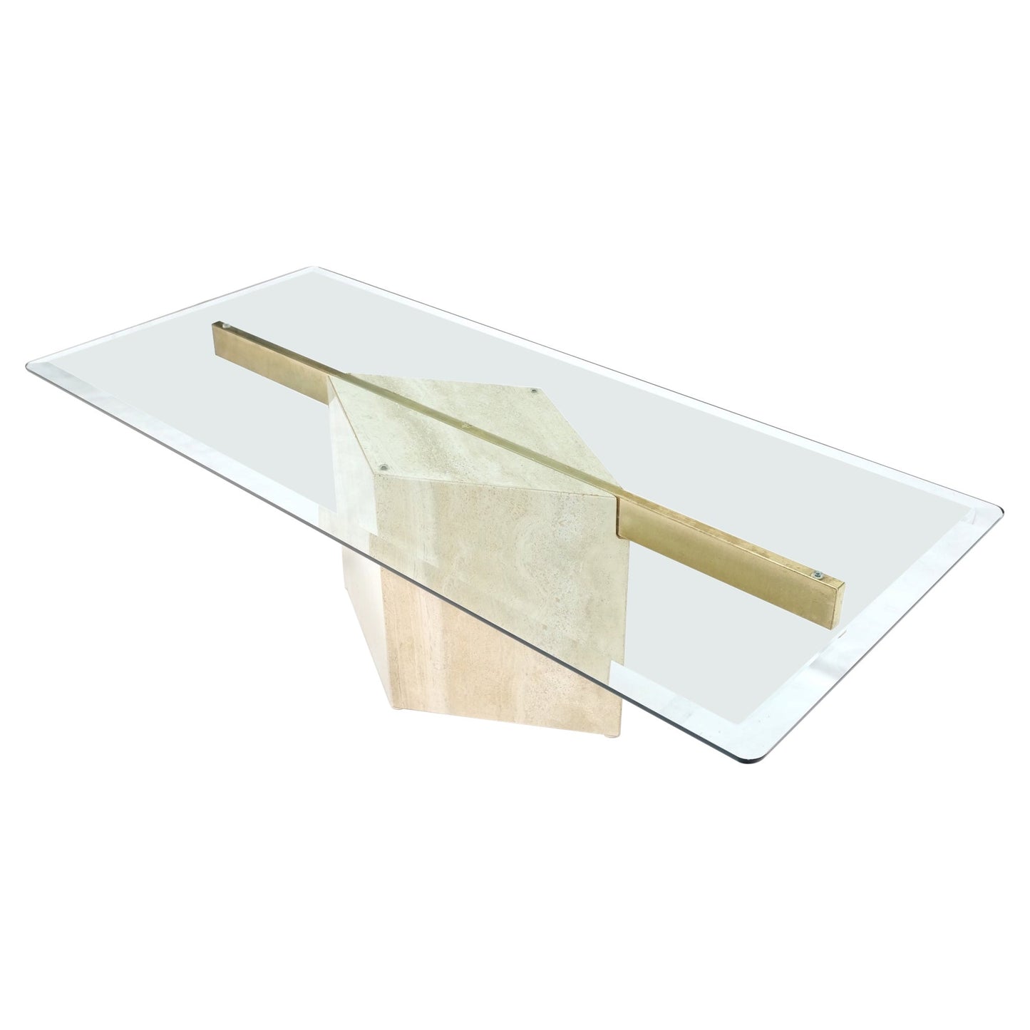 EstablishedLines Diamond Shape Pedestal Travertine Base Glass Top Rectangle Coffee Table Mint