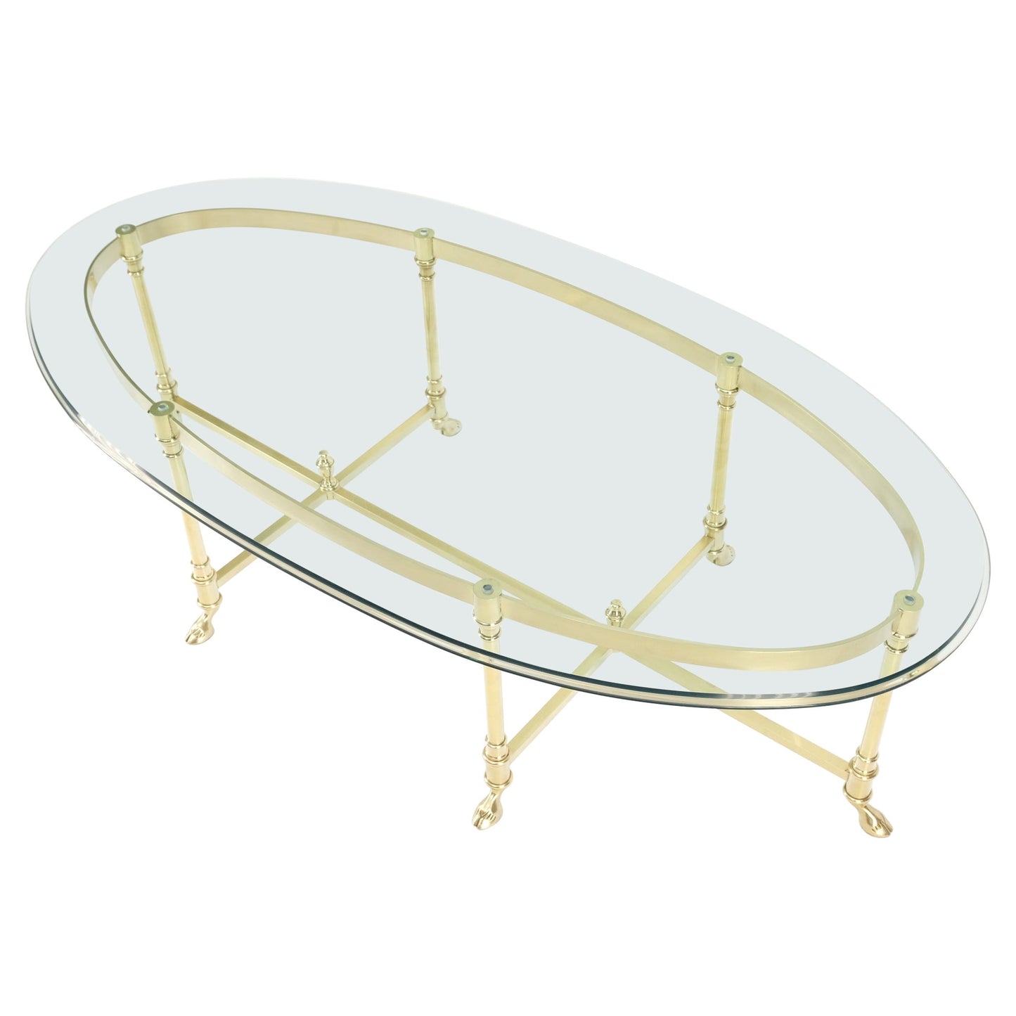 EstablishedLines Large Oval Solid Brass Glass Top Hoof Feet Italian Coffee Table