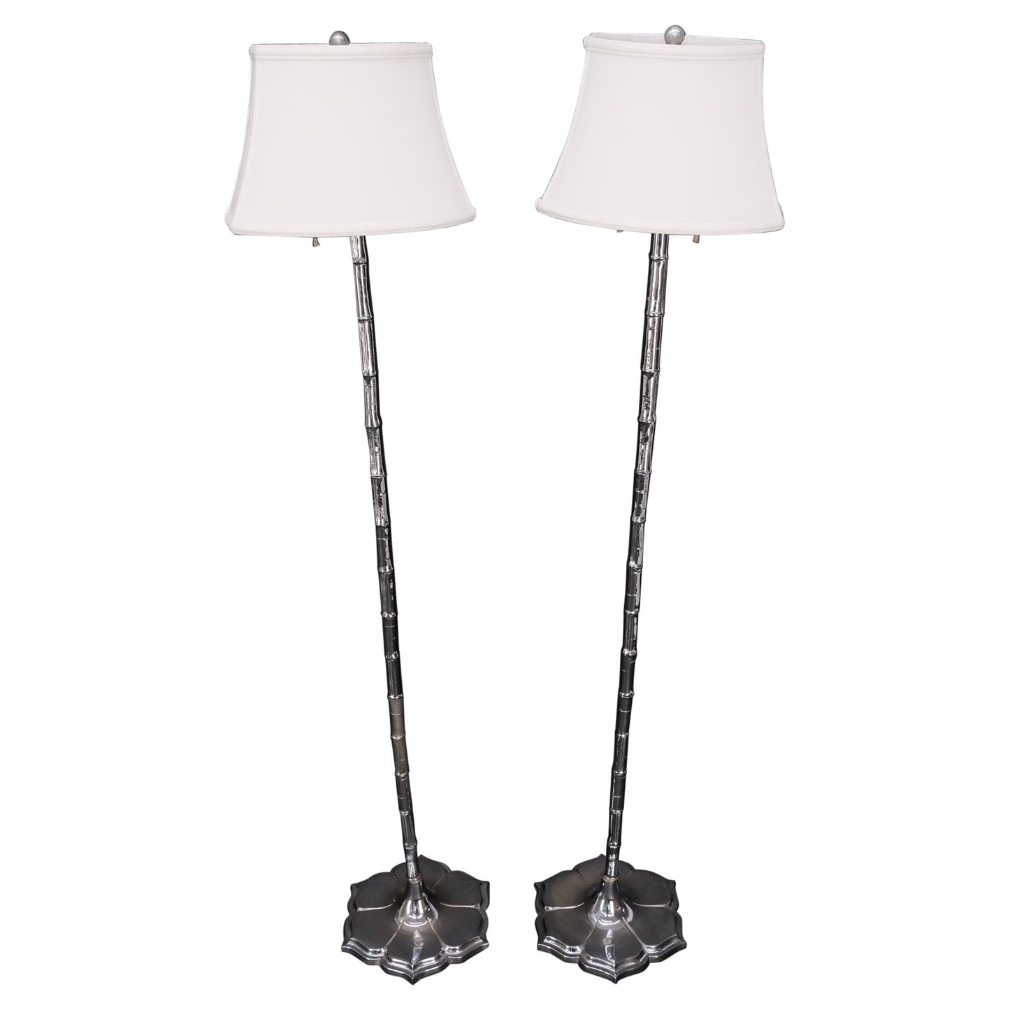 EstablishedLines Pair of Cast Lotus Shape Bases Chrome Faux Bamboo Mid-Century Modern Floor Lamps