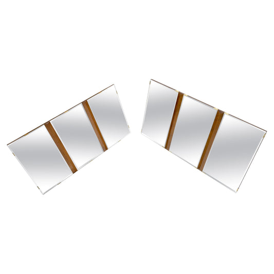 EstablishedLines Pair of Mid Century Modern Tripple Beveled Mirrors w/ Walnut Accents