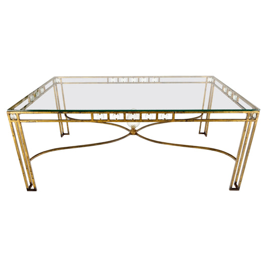 EstablishedLines Large Gold Gilt Iron Base Glass Top Cut Glass Inserts Finial Dining Table