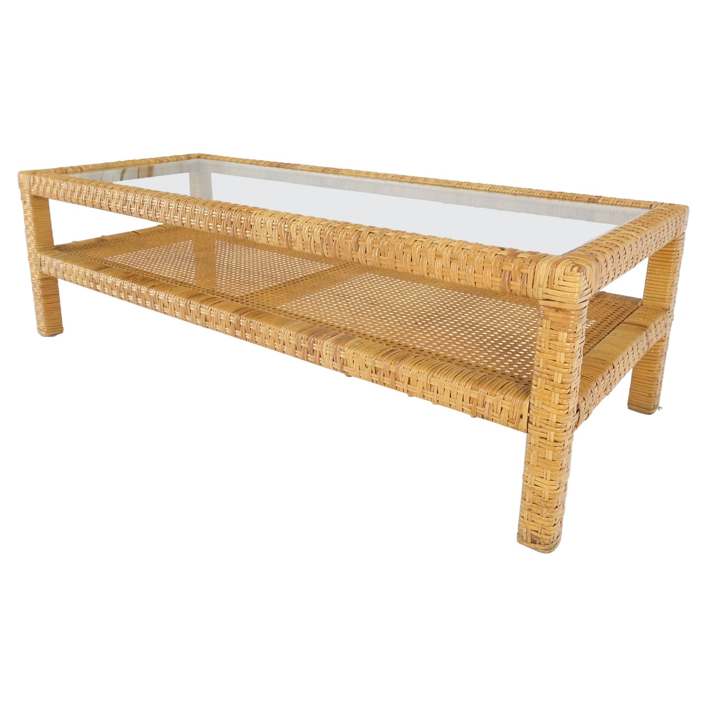 EstablishedLines Rectangle Rattan Cane Shelf Glass Top Mid-Century Modern Coffee Table Mint!