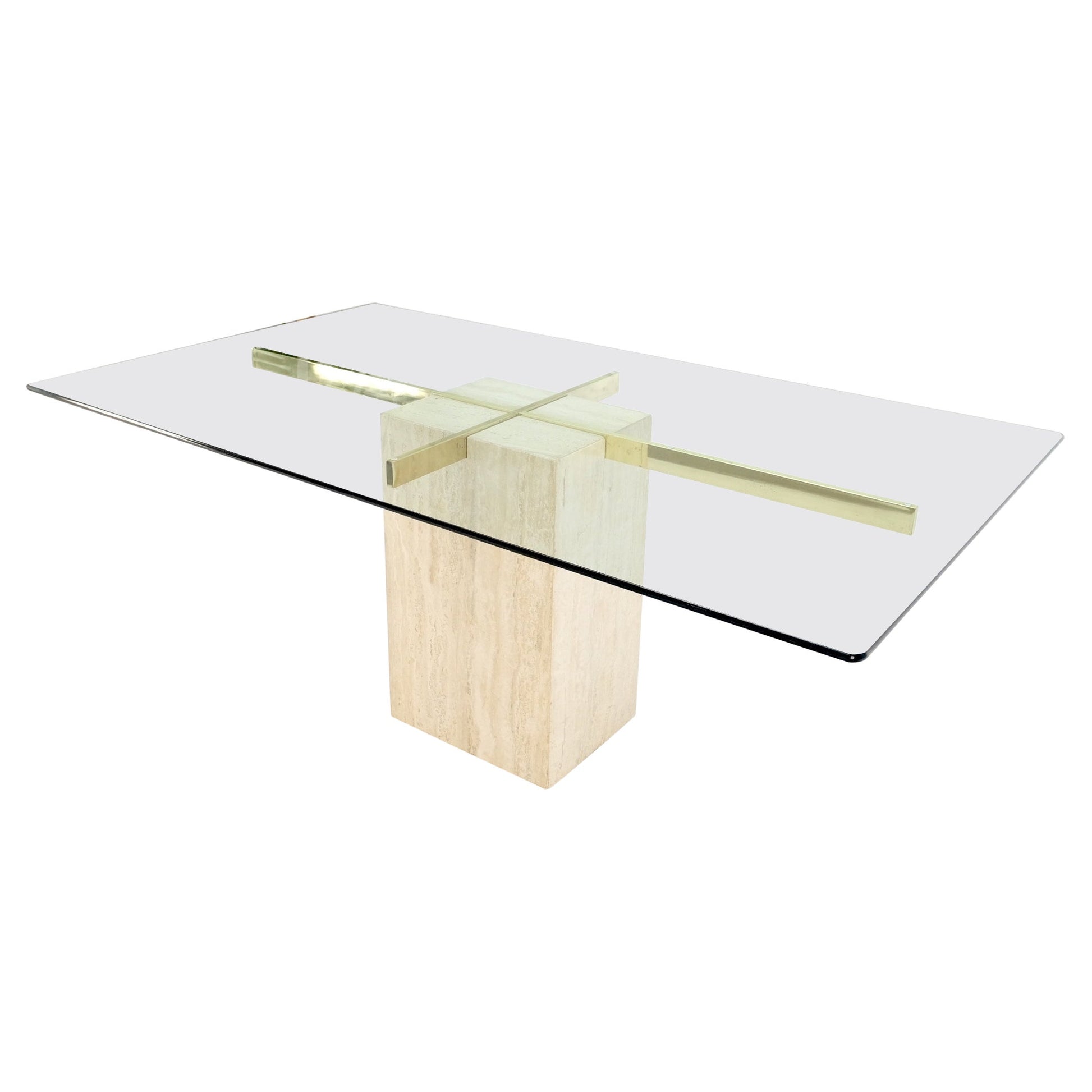 EstablishedLines Italian Single Travertine Pedestal Glass Top Dining Conference  Table