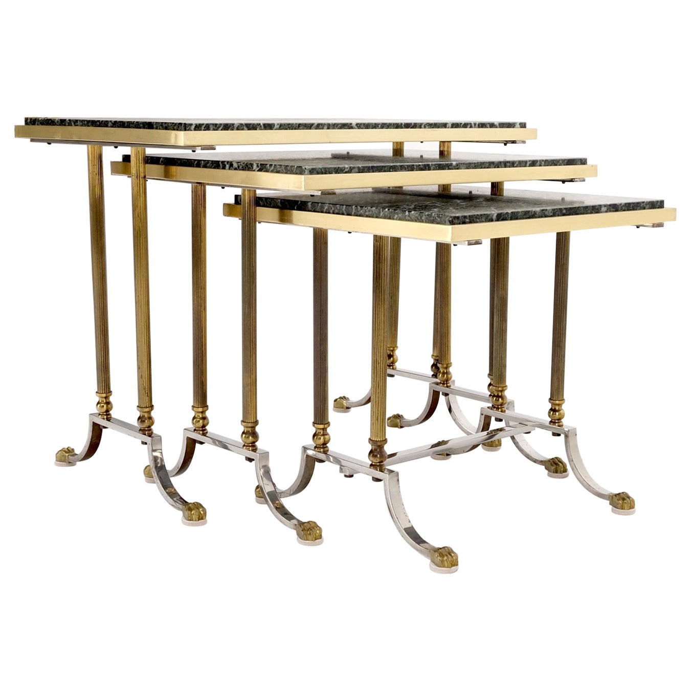 EstablishedLines Set of 3 Very Fine Metal Work Brass Chrome Marble Top Nesting Side End Tables