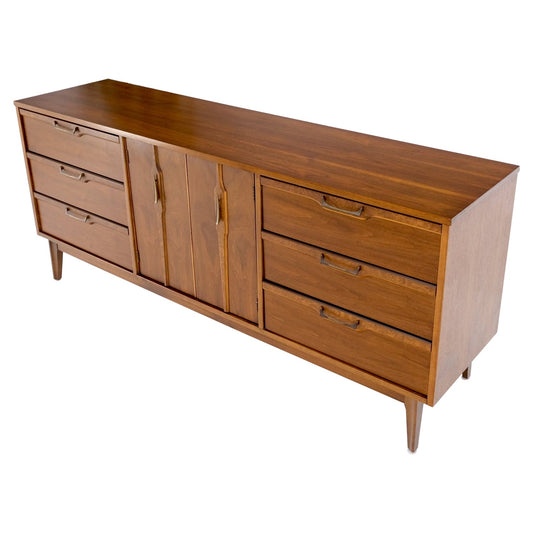EstablishedLines Long Walnut 9 Drawers Two Doors Mid-Century Modern Dresser Credenza Burl Accents