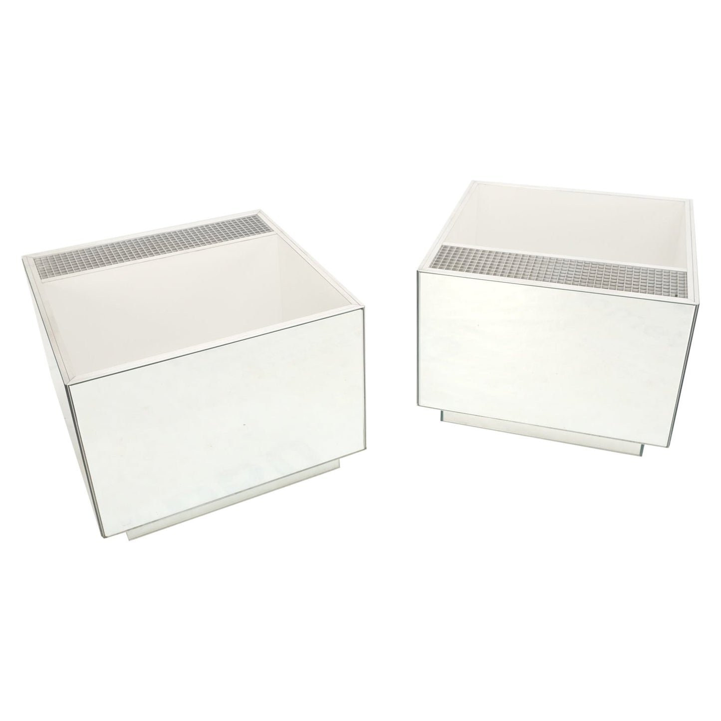 EstablishedLines Pair of Very Fine Mirrored Box Planters Lights Stainless Steel Cases