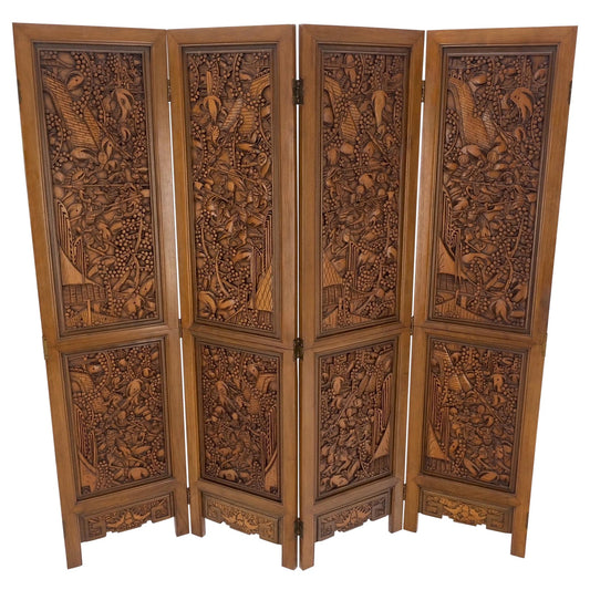 EstablishedLines 4 Panels Carved Teak Fine Details Room Divider Screen Heavy Brass Hinges Mint!