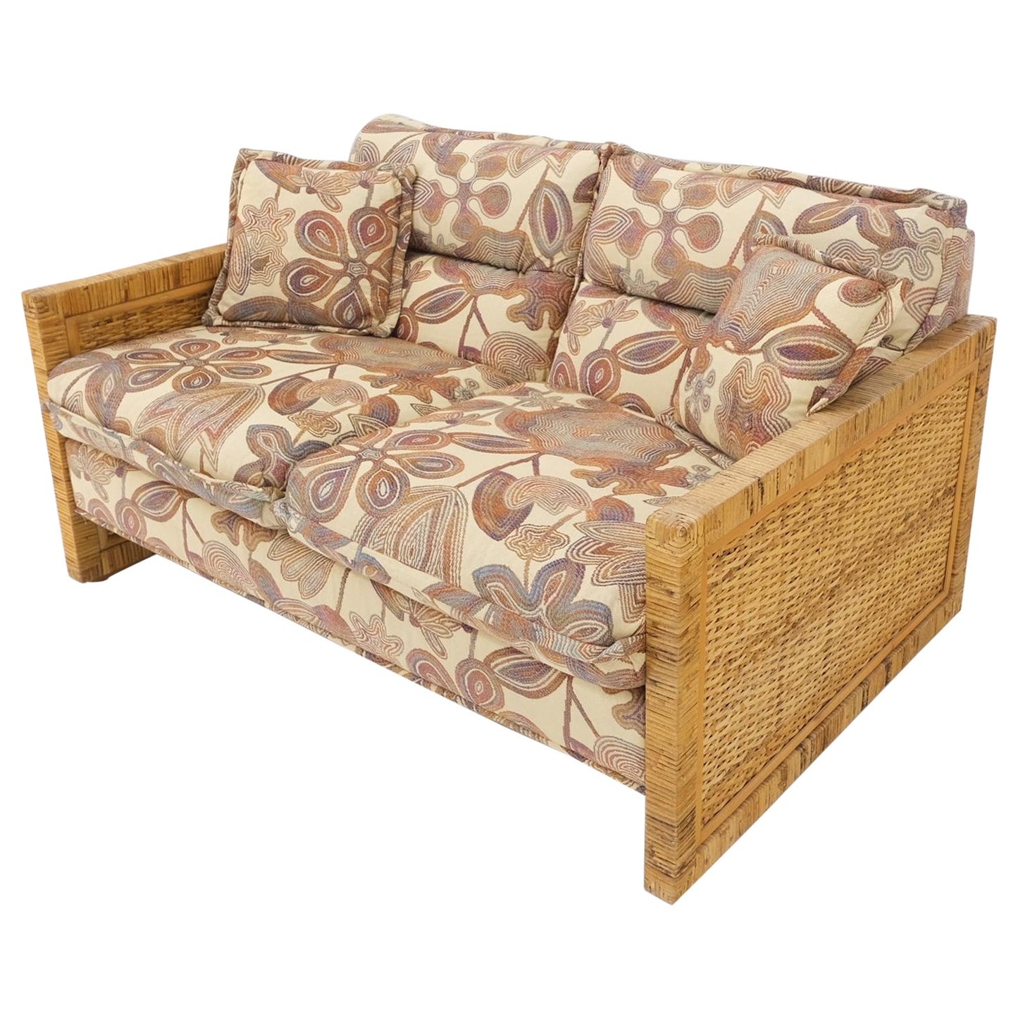 EstablishedLines Mid-Century Modern Box Shape Rattan Cane Bamboo Loveseat Sofa Settee Mint!