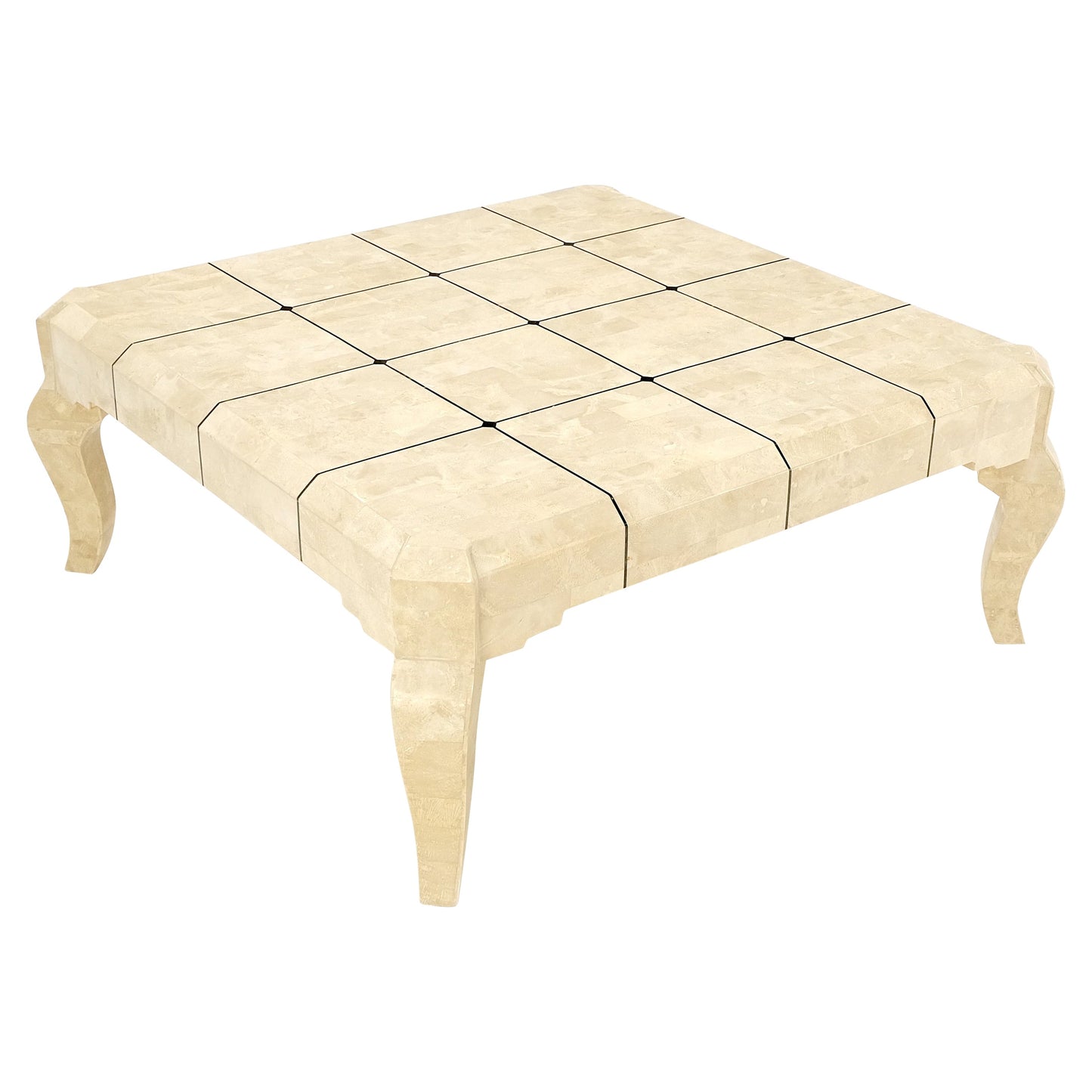 EstablishedLines Tessellated Stone Fossil Top Brass Inlay Square Coffee Table on Cabriole Legs