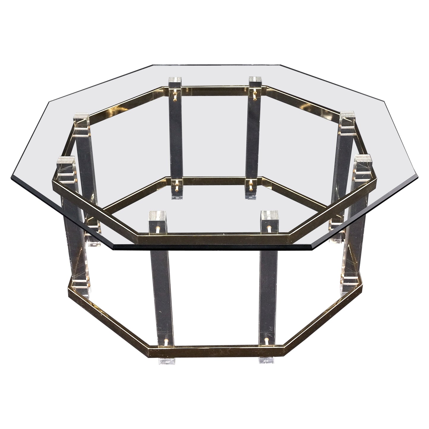 EstablishedLines Octagonal Lucite Base Glass Top Mid-Century Modern Round Coffee Table Mint