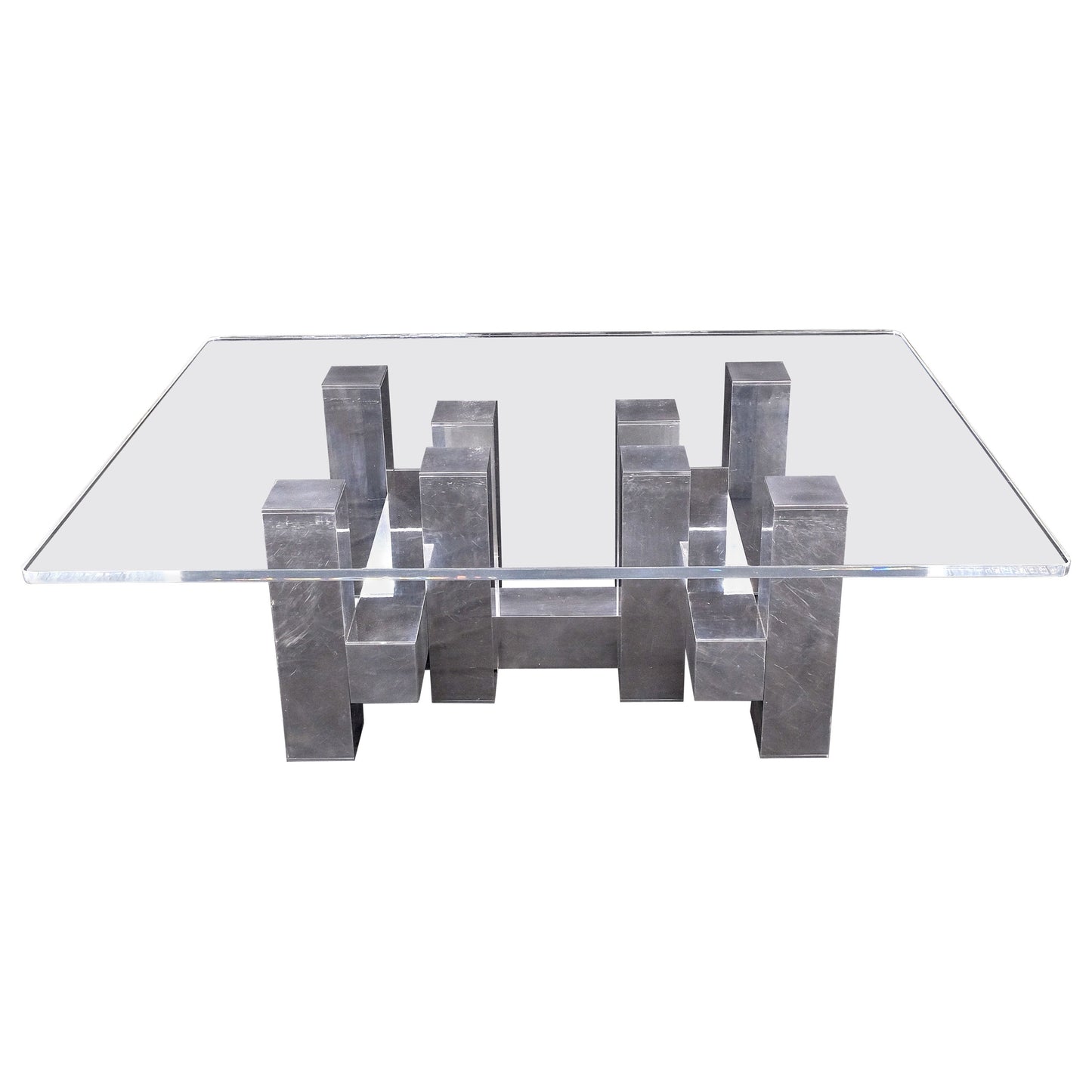 EstablishedLines Cityscape Aluminum Base Lucite Rectangle Top Rounded Corners Coffee Table