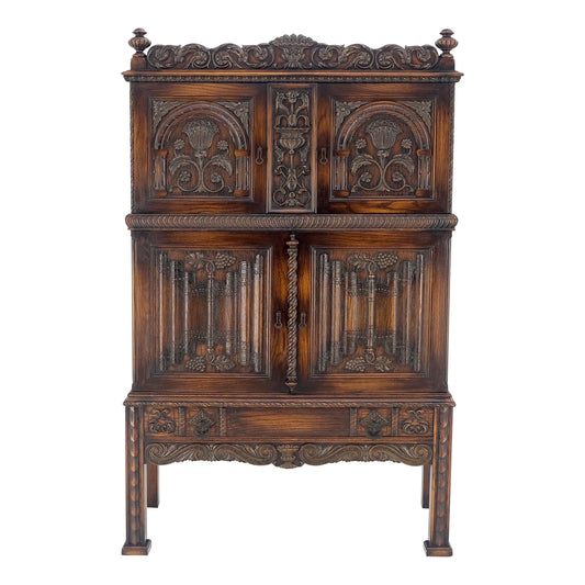 EstablishedLines Antique Carved Oak Two Doors Jacobean Style China Cabinet Cupboard Hutch Buffet
