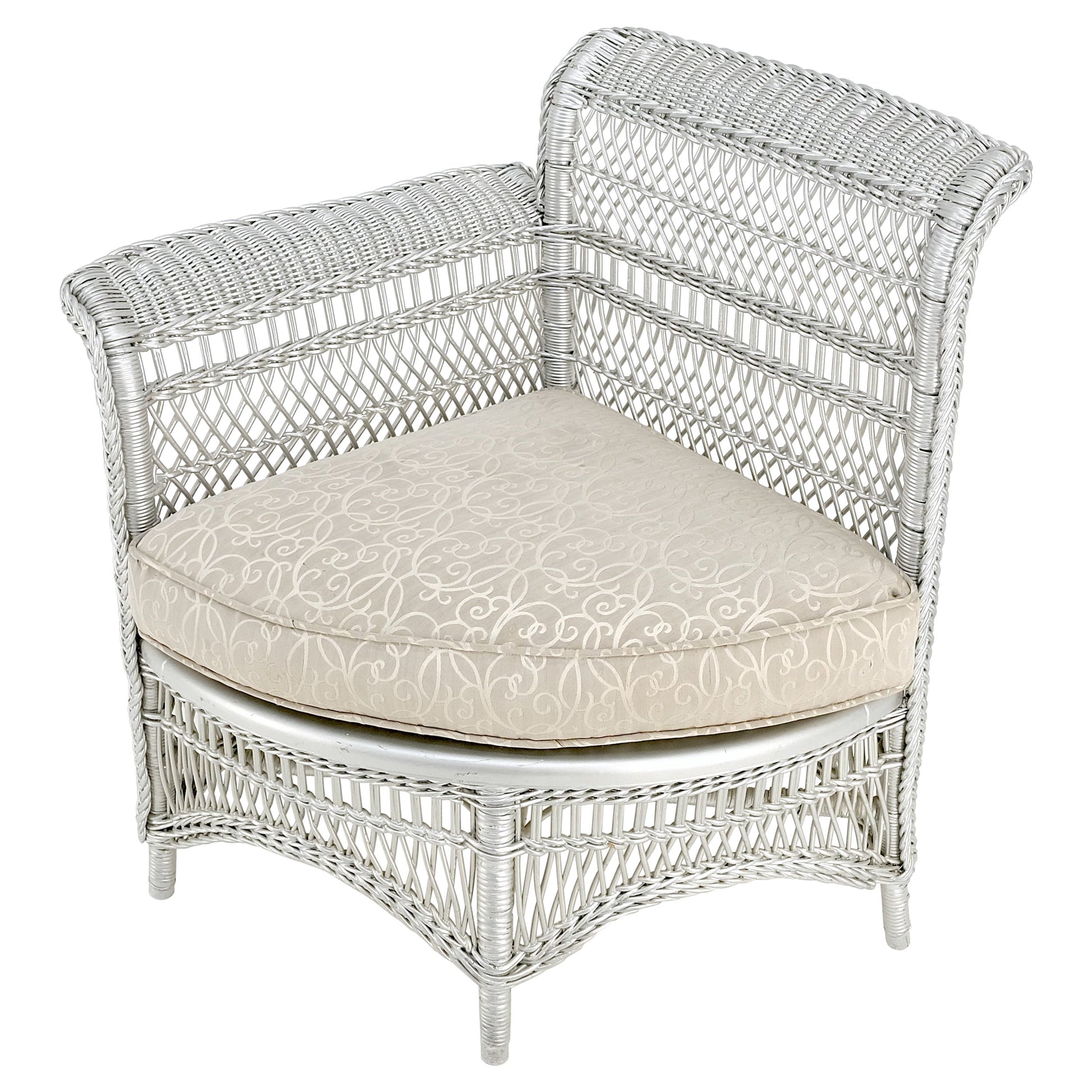 EstablishedLines Antique Wicker Corner Chair Finished Painted in Silver Metal Finish Mint