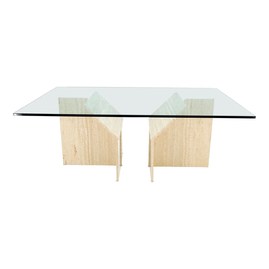 EstablishedLines Large Double Travertine Pedestal Glass Top Dining Conference Table Mint!