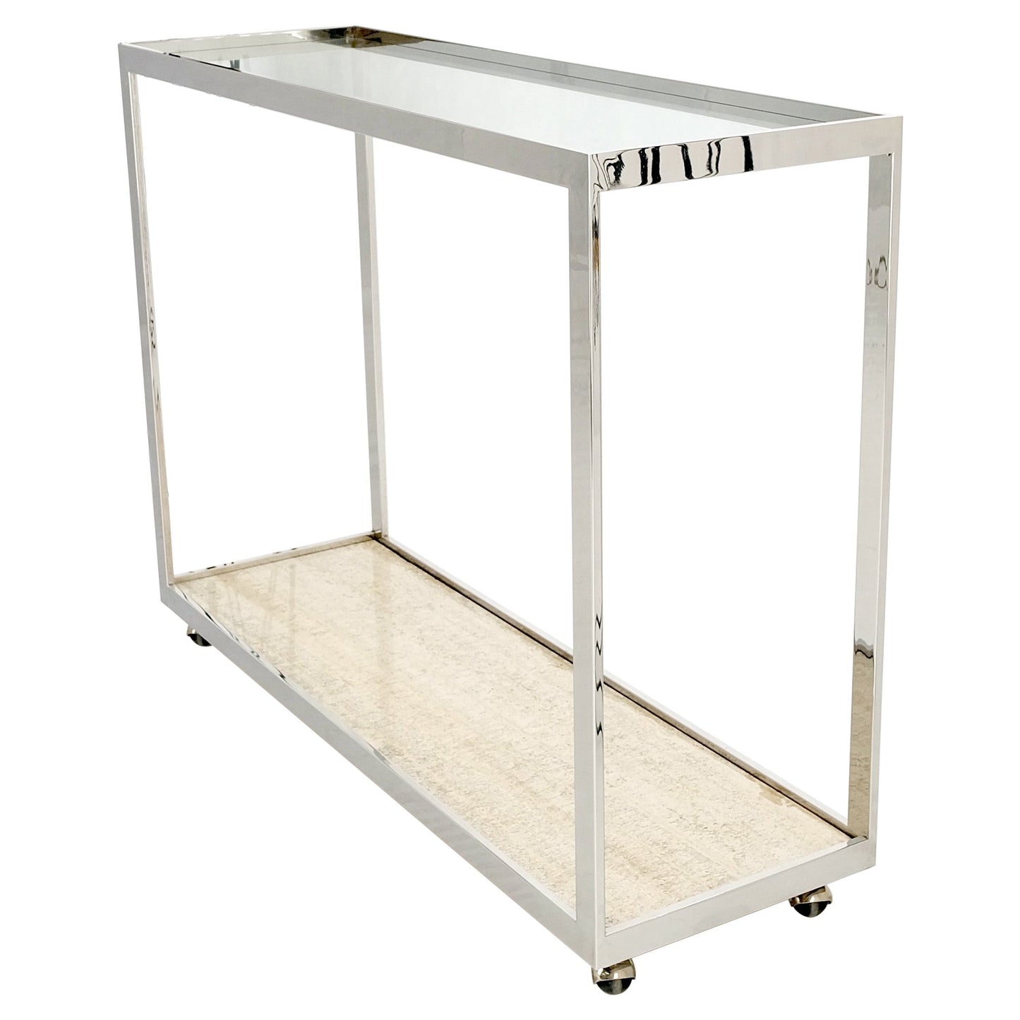 EstablishedLines Polished Stainless Steel Glass Top Travertine Bottom Rectangle Console Table