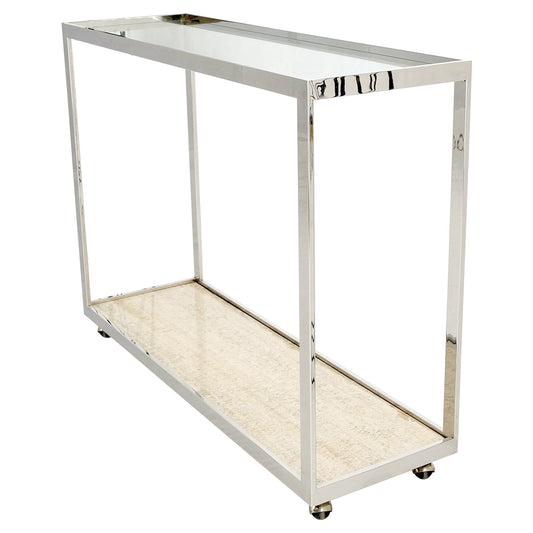EstablishedLines Polished Stainless Steel Glass Top Travertine Bottom Rectangle Console Table