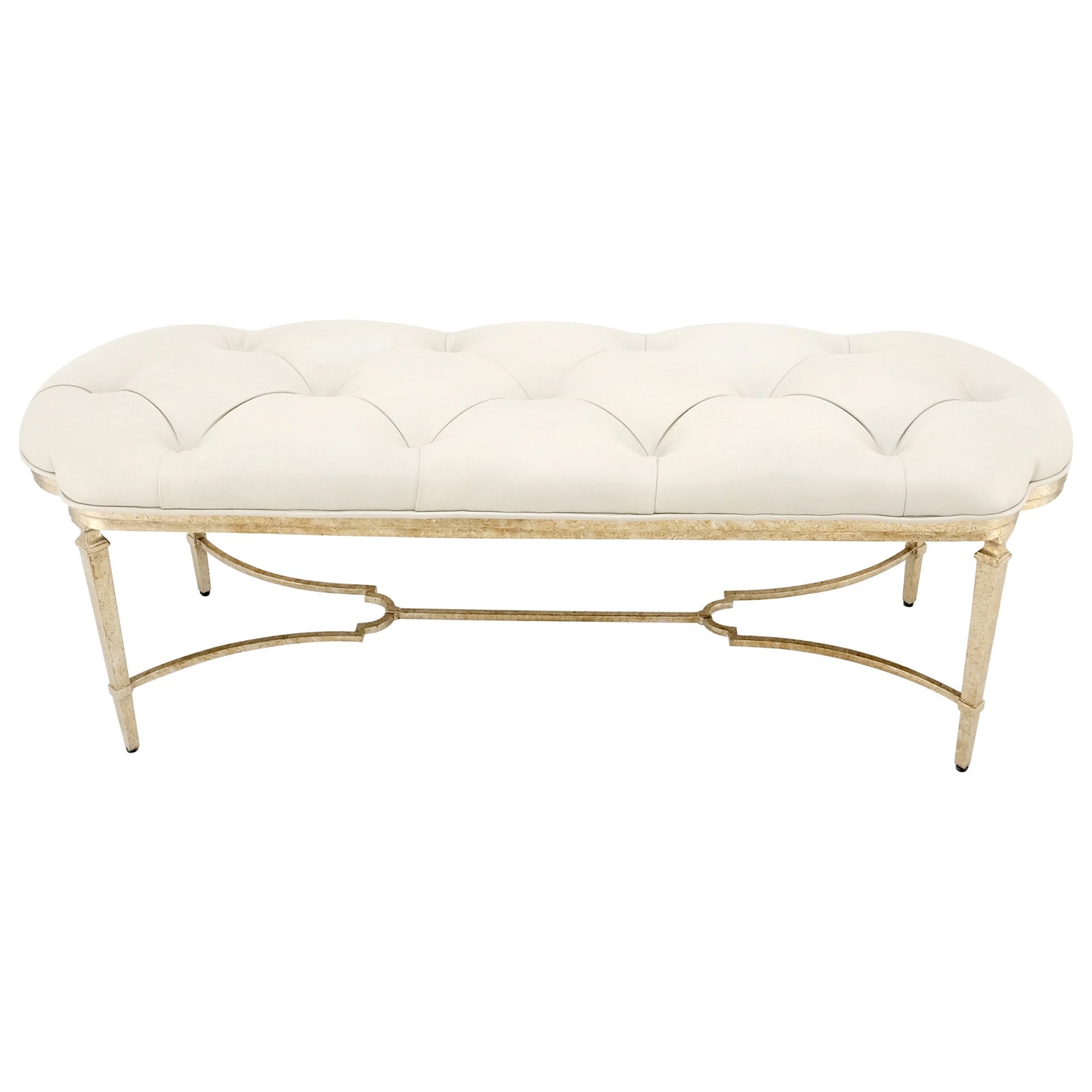 EstablishedLines Gilt Wrought Iron Base Beige Tufted Leather Upholstery Window Hall Bench MINT