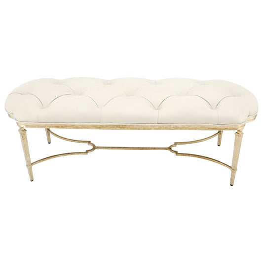 EstablishedLines Gilt Wrought Iron Base Beige Tufted Leather Upholstery Window Hall Bench MINT