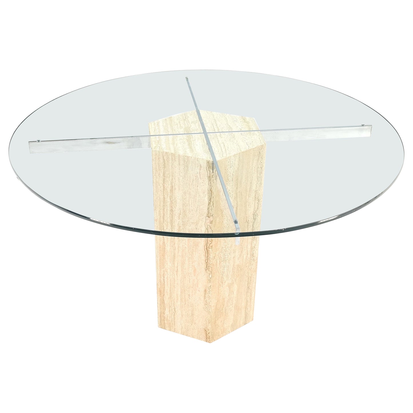 EstablishedLines Hexagon Italian Travertine Base Glass Rond Top Mid-Century Modern Dining Table