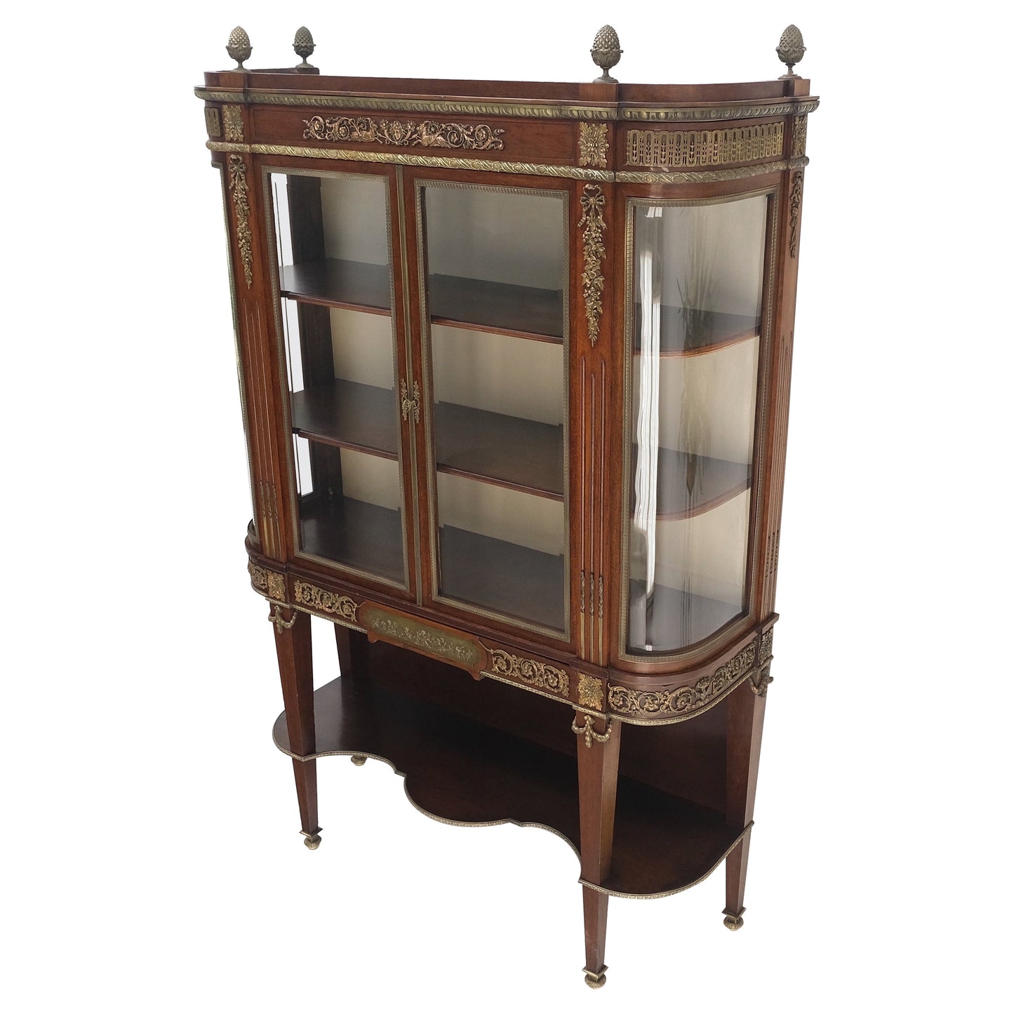 EstablishedLines Late 19th Century Gilt Bronze Mounted Ormolu Vitrine Cubboard Curved Glass
