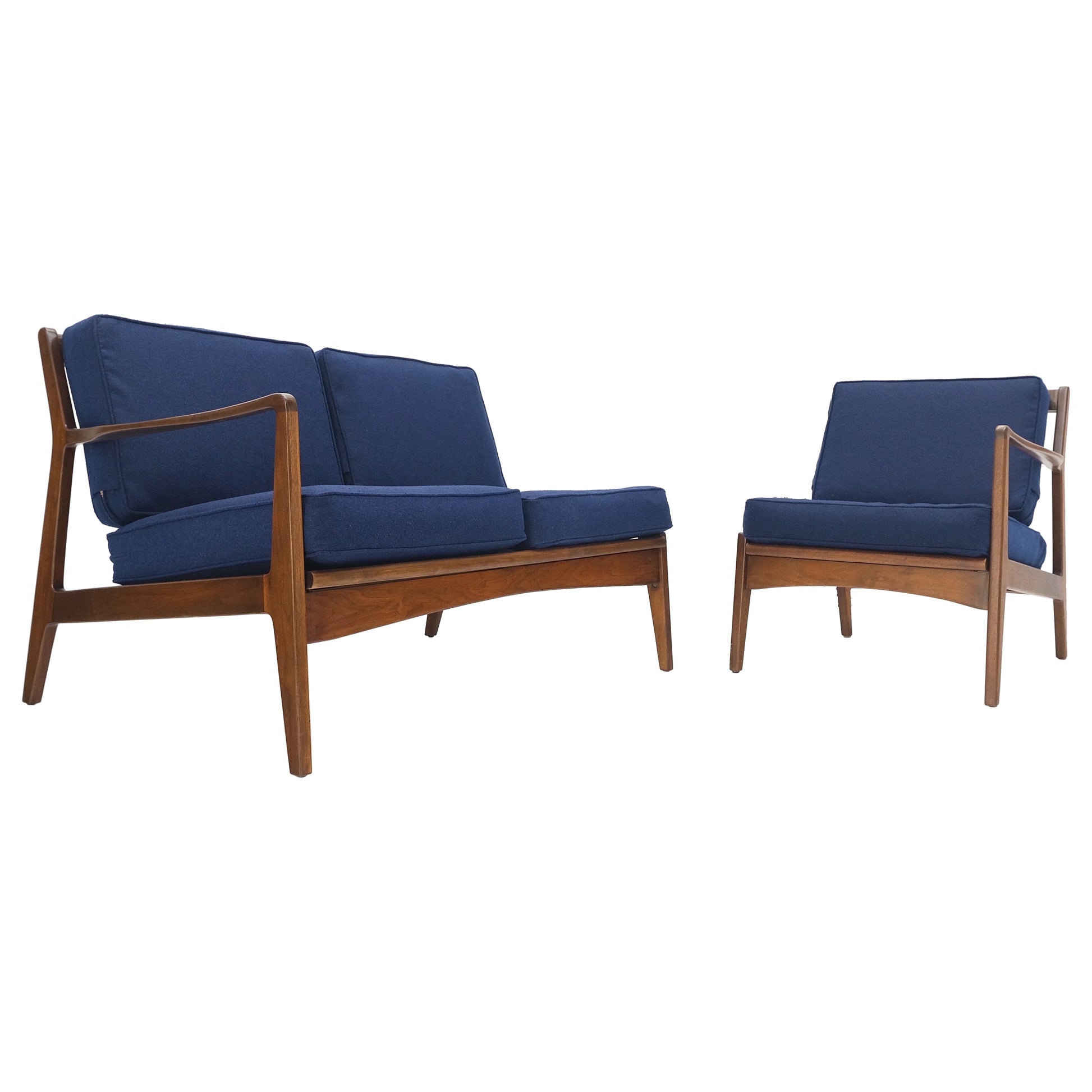 EstablishedLines Danish Mid-Century Modern New Upholstery Walnut Frames Sofa & Chair Set Mint!