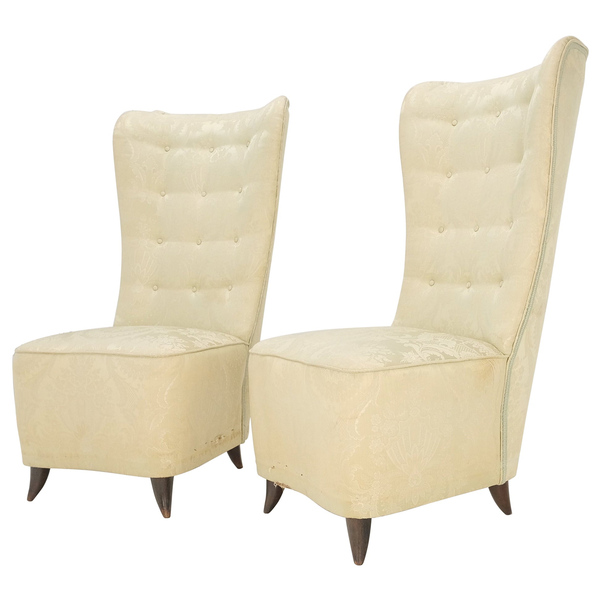 EstablishedLines Pair Italian Mid-Century Modern Extra Tall Back Thick Spring Seats Lounge Chairs