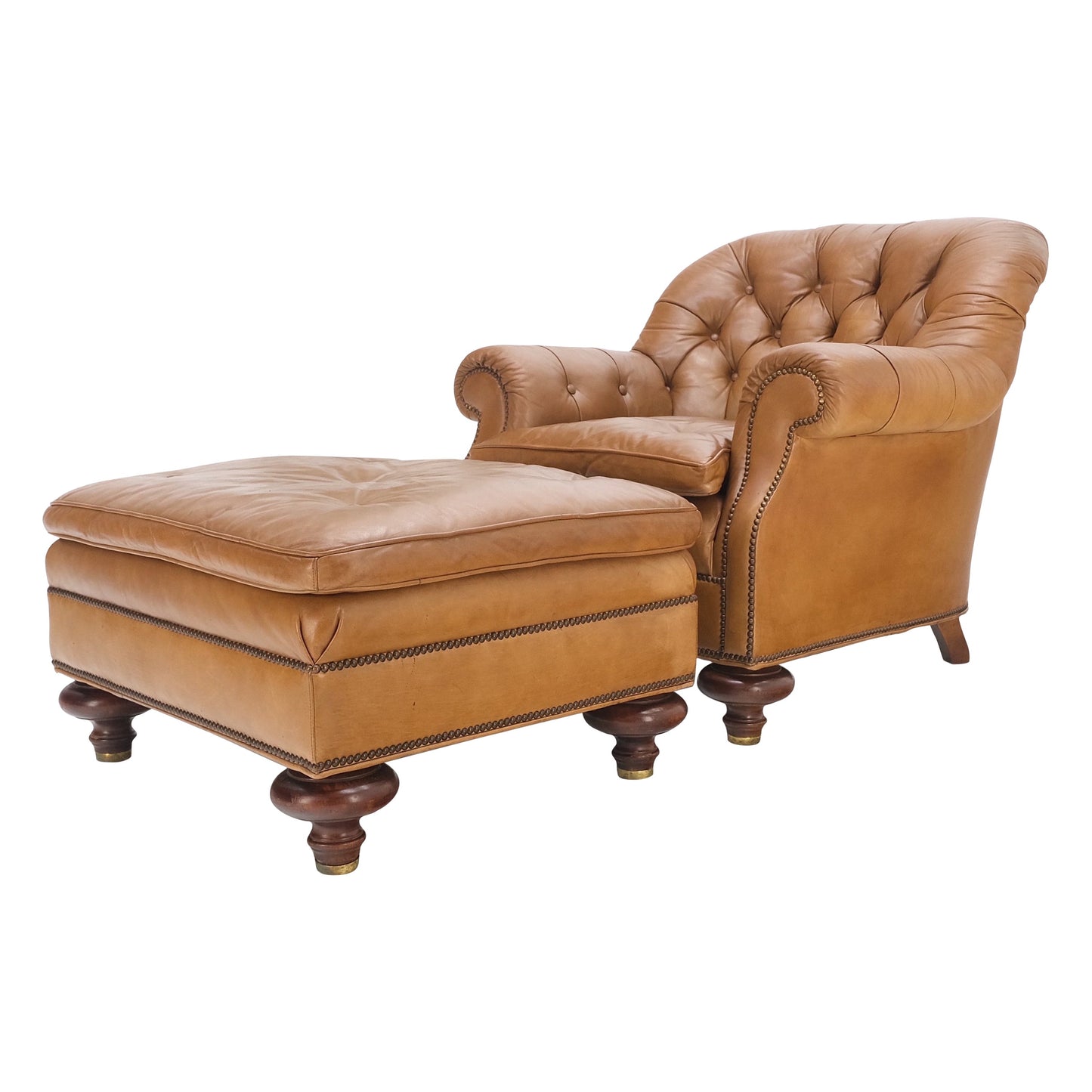 EstablishedLines Baker Tan Leather Tufted Back Large Arm Chair w/ Ottoman Pouf Turned Legs MINT!