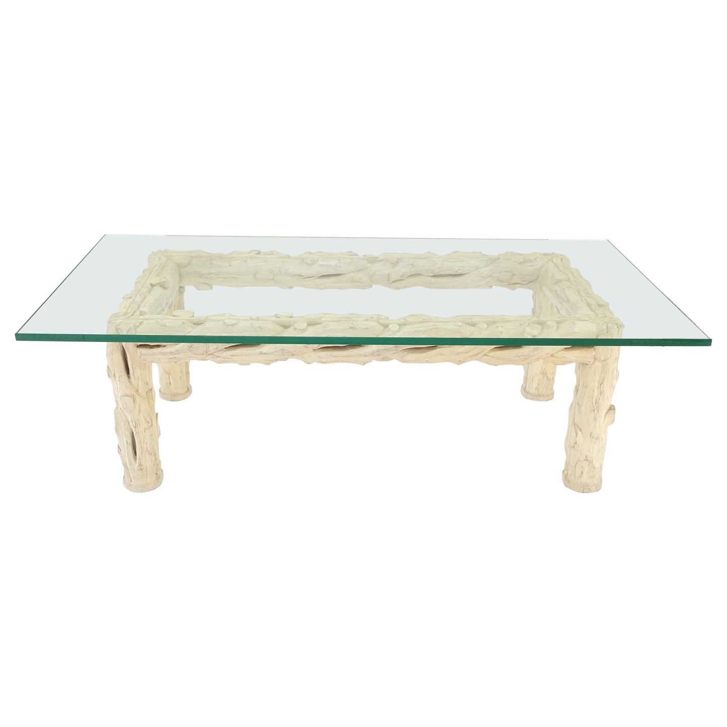 EstablishedLines Heavy Carved Twig Motive White Pickled Finish Oak Base Rectangle 3/4" Glass Top