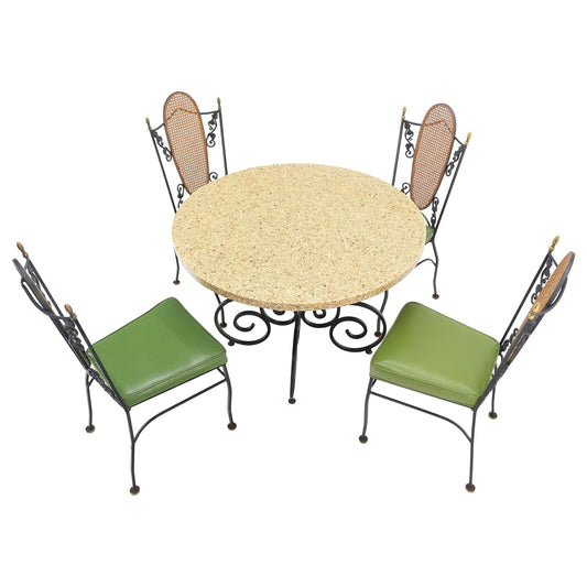 EstablishedLines Resin Cast Abalone Shell Round Top Outdoor Table 4 Cane Back  Chairs Iron Set