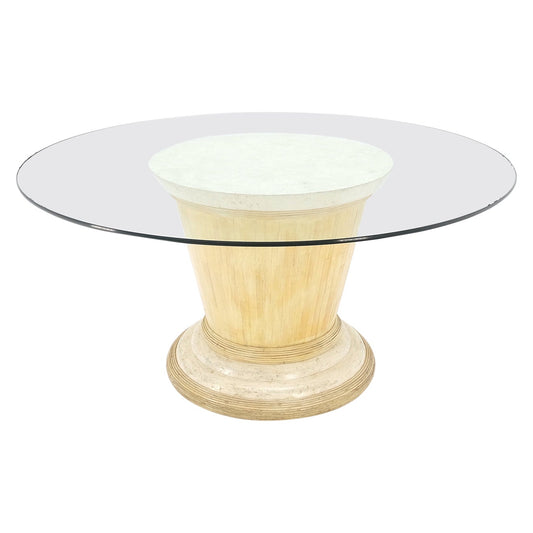EstablishedLines Tessellated Tile Bamboo Single Pedestal 3/4" Thick Round Glass Top Dining Table