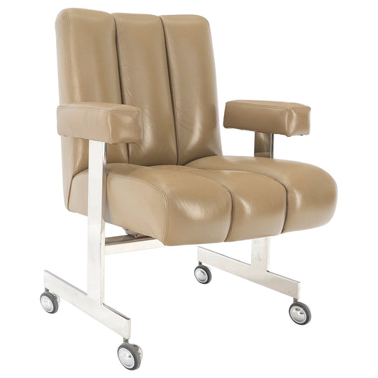 EstablishedLines Vladimir Kagan Leather Ribbed Style Upholstery Heavy Stainless Base Desk Chair